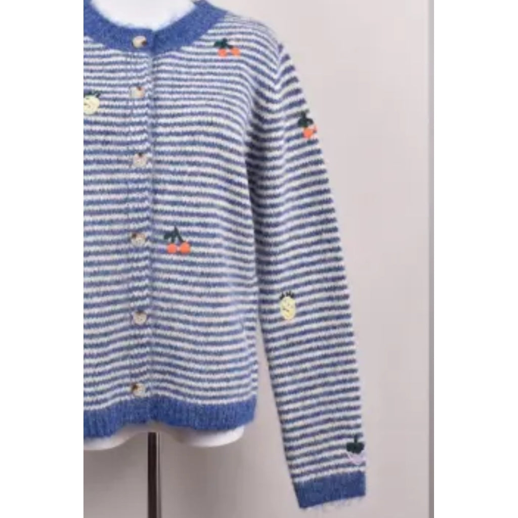 QNUZ CARDIGAN MED STRIBER OG BRODERI NAVY