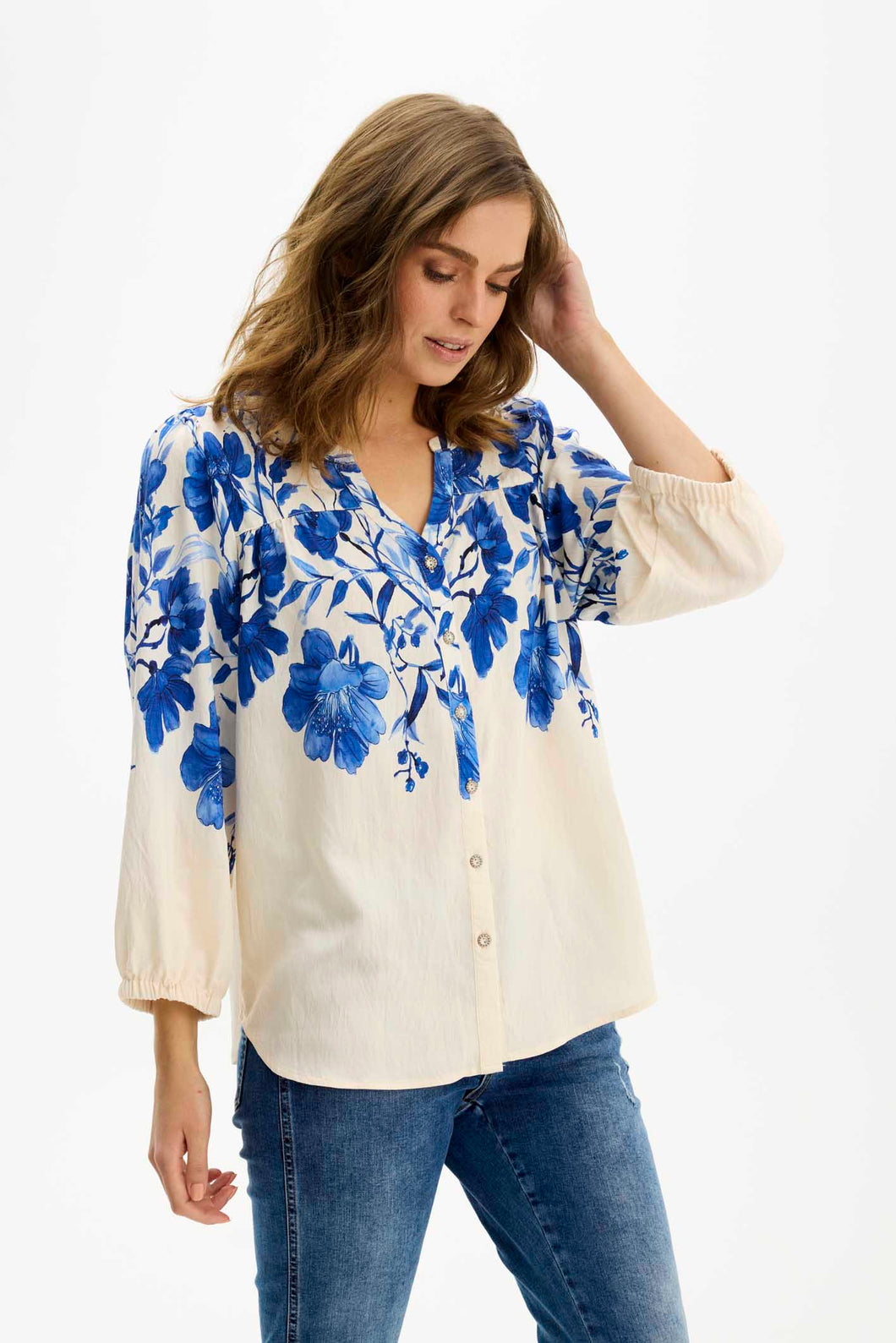 IN FRONT BLOUSE NORA BLUE/WHITE