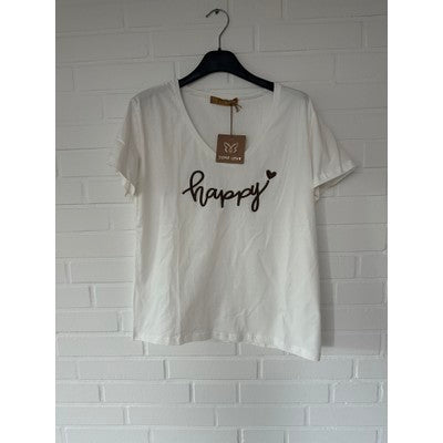 BOHO LOVE T-SHIRT HVID MED HAPPY I BRUN
